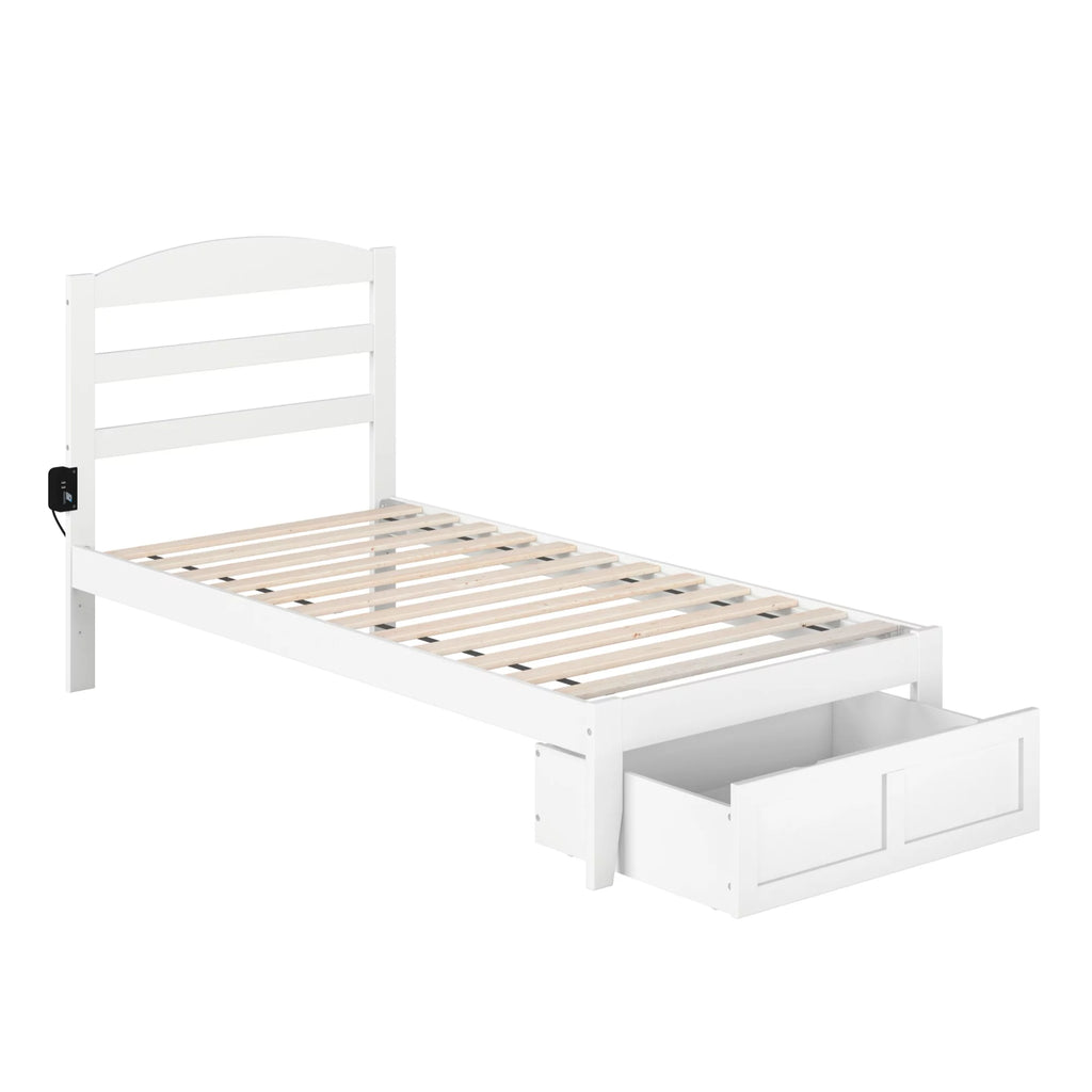 Solid Wood Twin Bed with Foot Drawer and USB Charger in White C4182