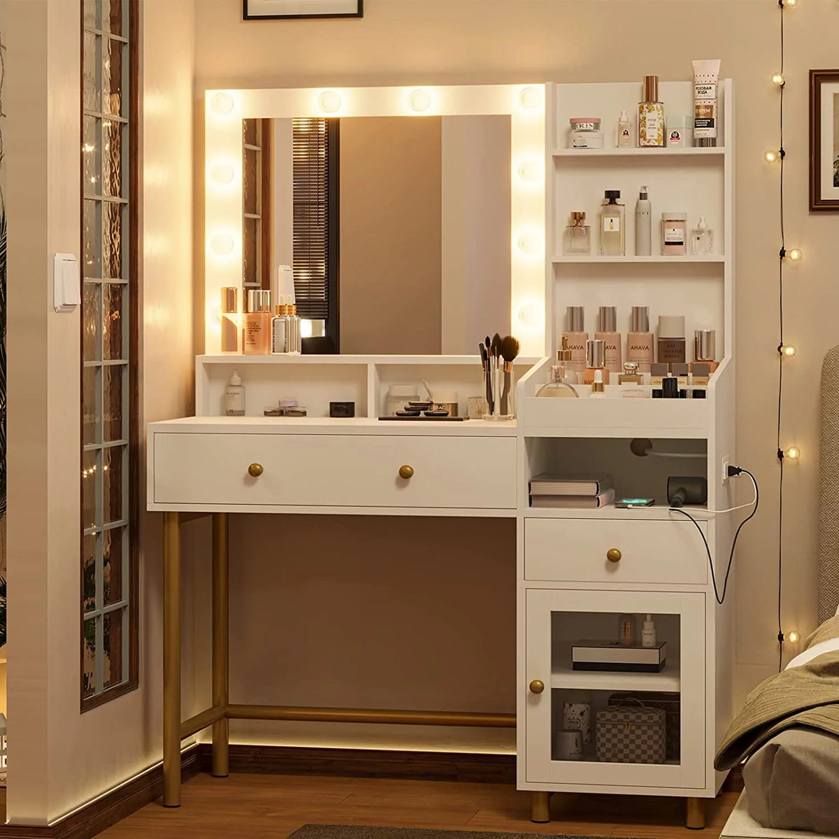 White Vanity Desk with Lights and Charging Station D437711