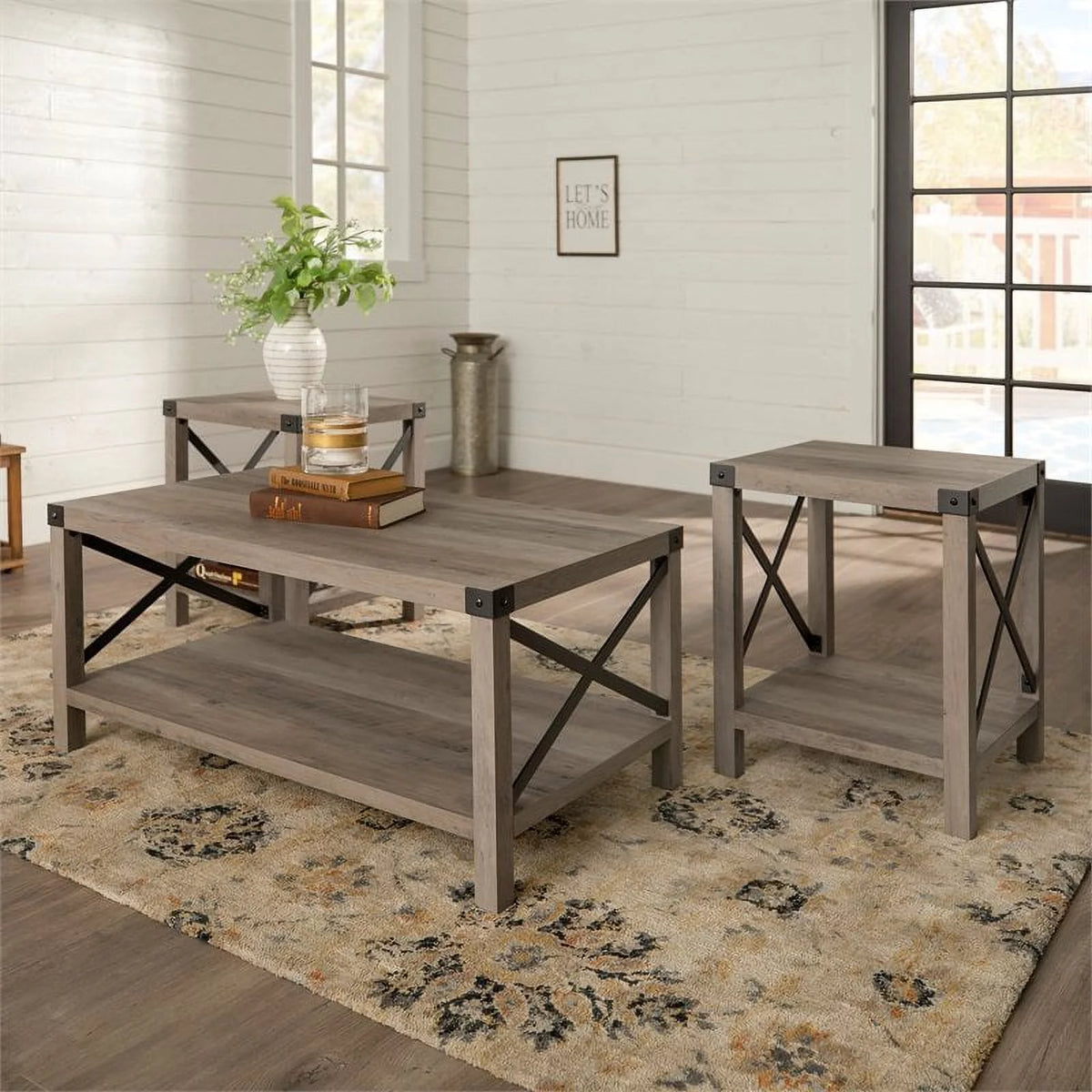 4 Piece TV Stand Coffee Table and 2 End Tables in Gray L229292