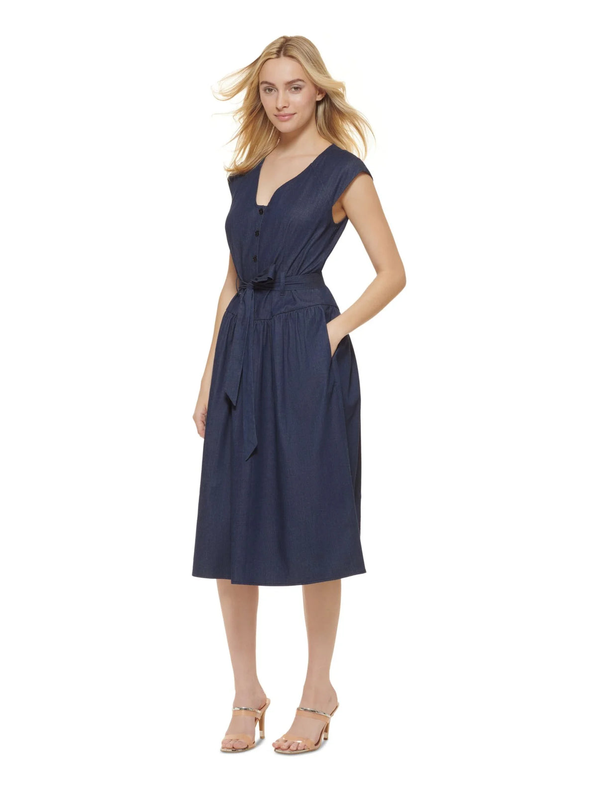 Navy Cap Sleeve V Neck Midi Dress S79638