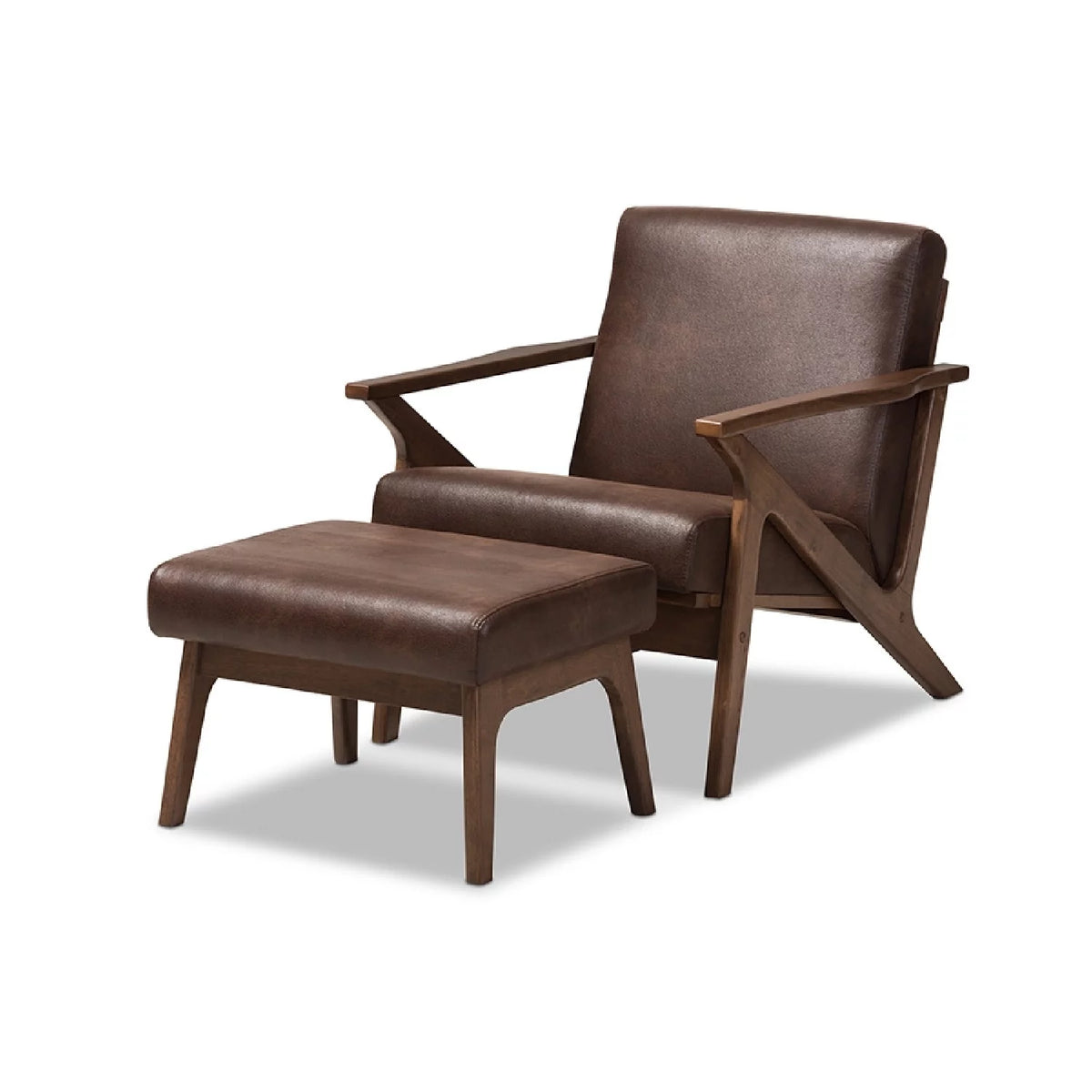 Walnut Wood Dark Brown Faux Leather Lounge Chair And Ottoman Set B23055