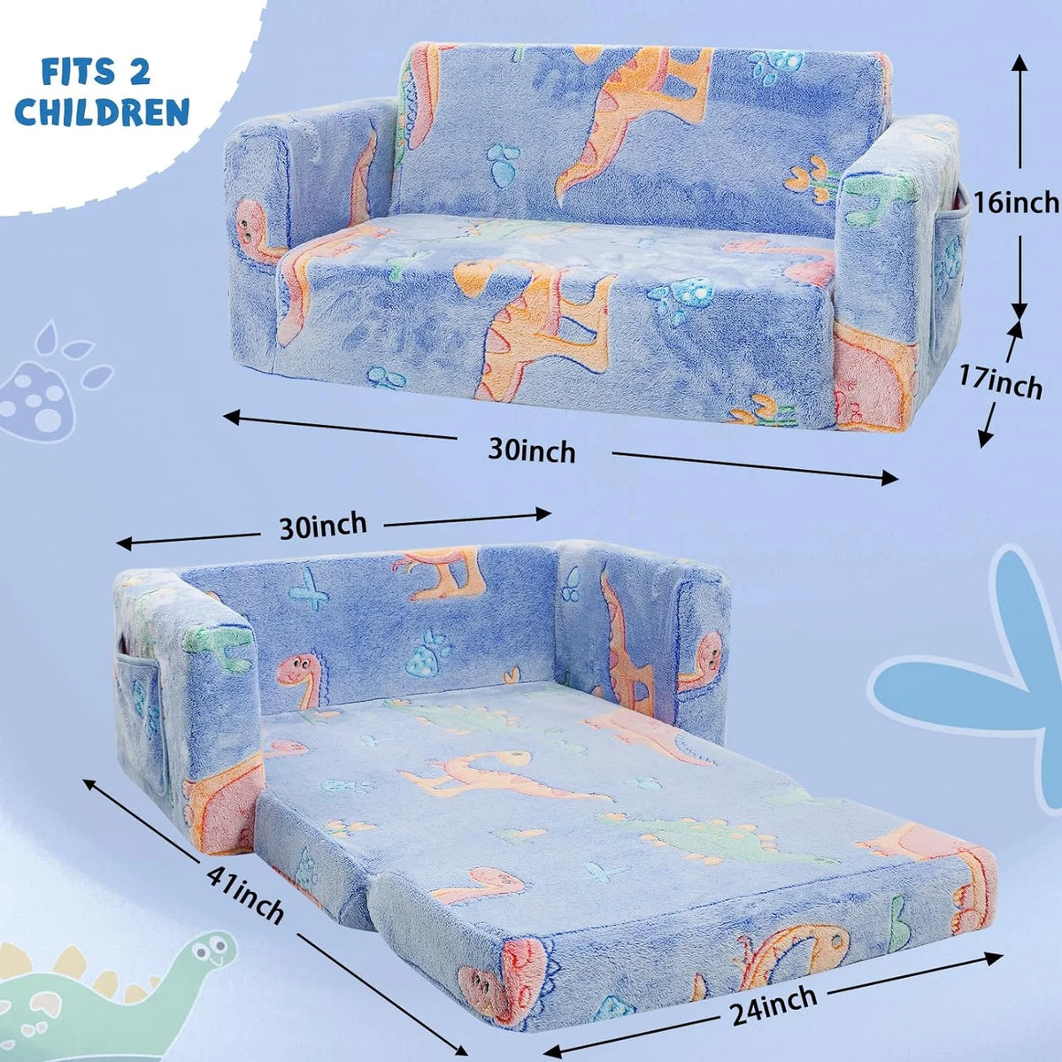 Kids Couch Toddler Chair Folding 2 in 1 Glow in The Dark Convertible Sofa to Lounger D6052