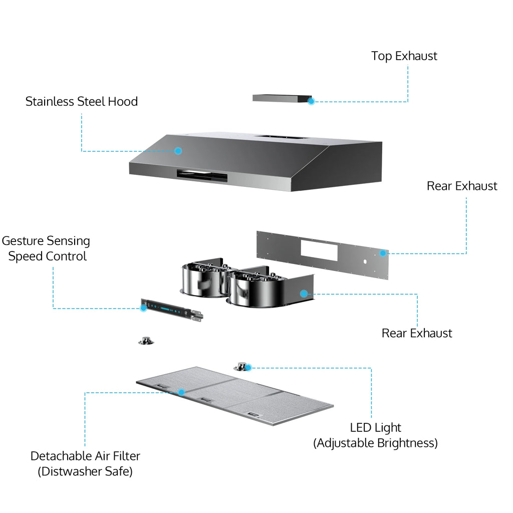 36 Inch 900-CFM Stainless Steel Under Cabinet Range Hood L932