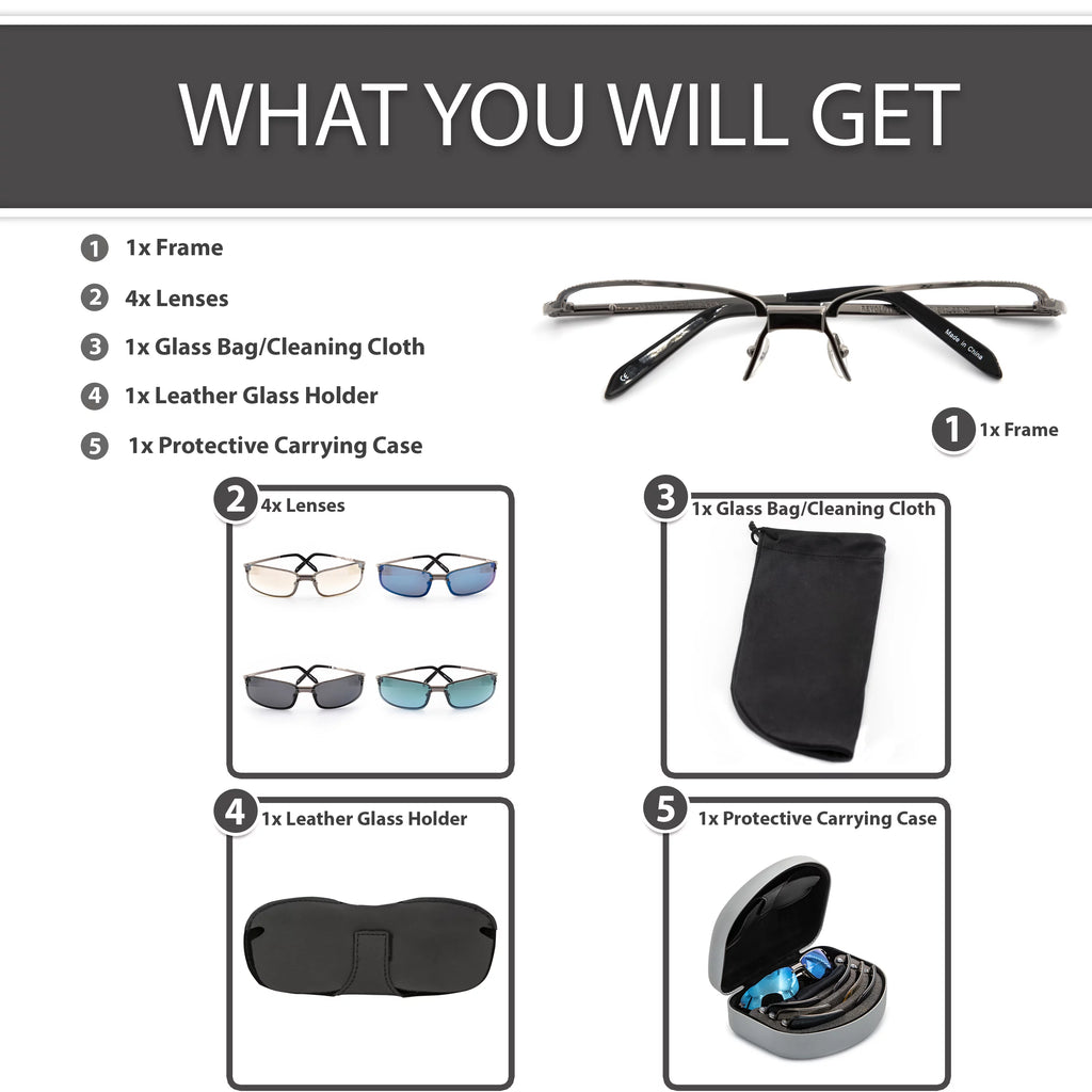 Rectangle Sunglasses with 4 Magnetic Clip-On Lenses P135