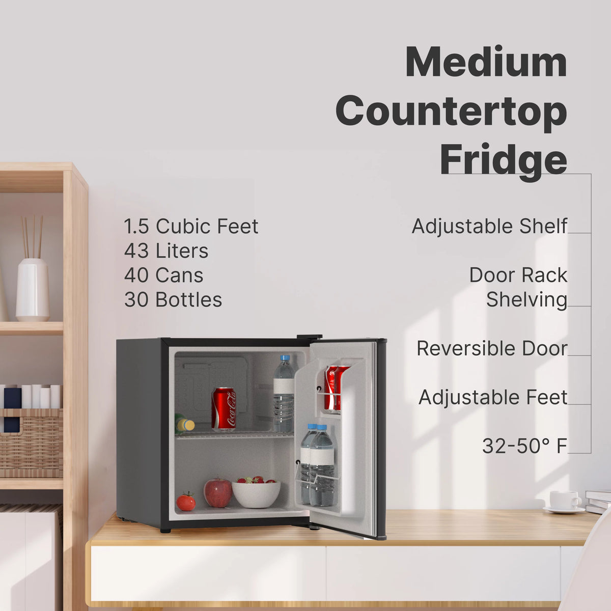 43L Reversible Solid Door Beverage Refrigerator 1.5 Cu. ft. Black Mini Fridge R52449