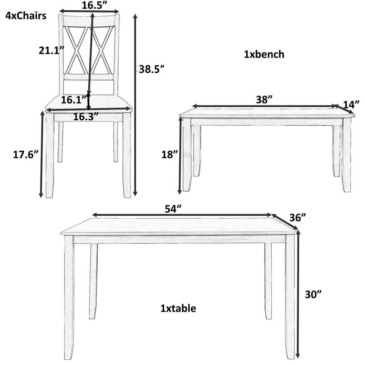 6-Piece Wooden Kitchen Table Set with 4 Chairs and Bench H74960