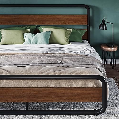 Full Size Black Metal Platform Bed Frame with Wood Headboard L1371