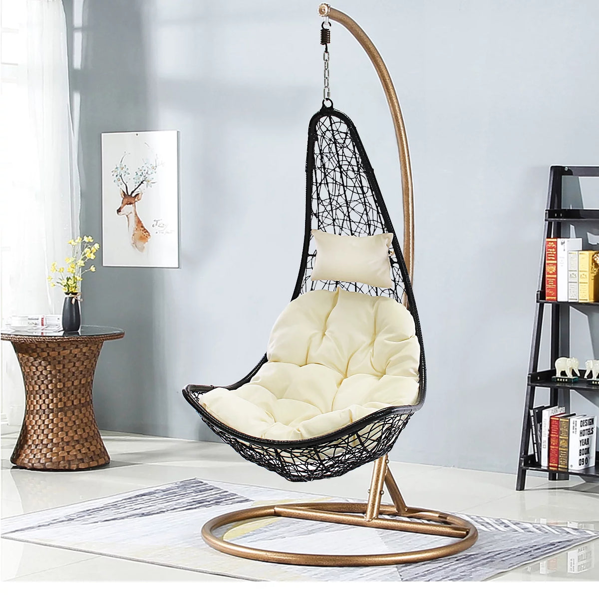 Outdoor Wicker Half Moon Swing Lounge Chair with Mat H535873
