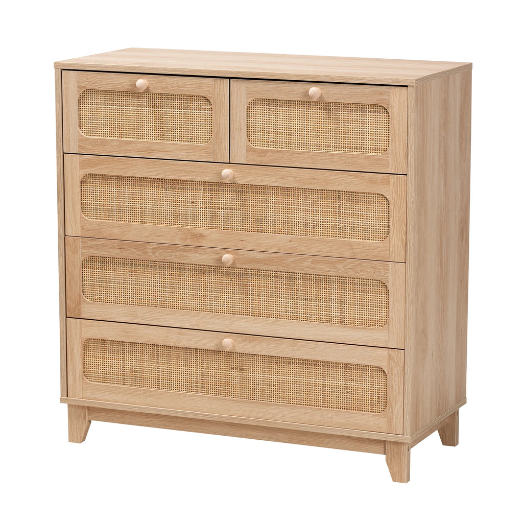 Oak Brown Wood and Natural Rattan 5-Drawer Storage Cabinet W622648