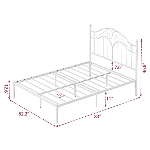 White Full Size Metal Bed Frame with Vintage Headboard D401174