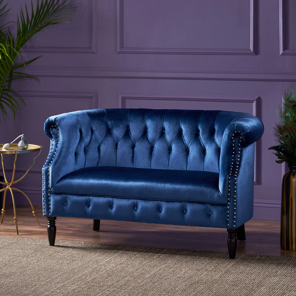 Navy Blue and Dark Brown Tufted Velvet Loveseat K4397
