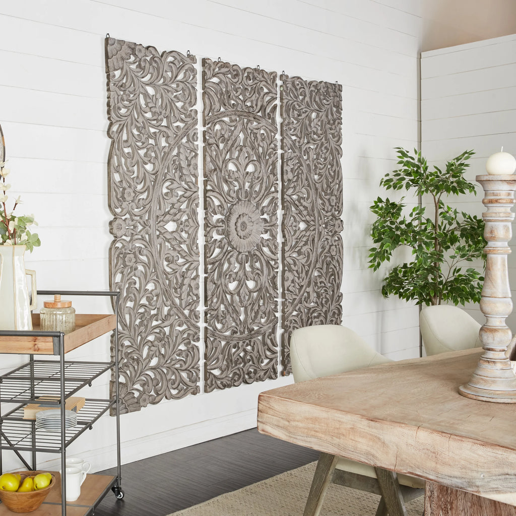 Handmade Gray Carved Floral Wall Décor, Set of 3 T929