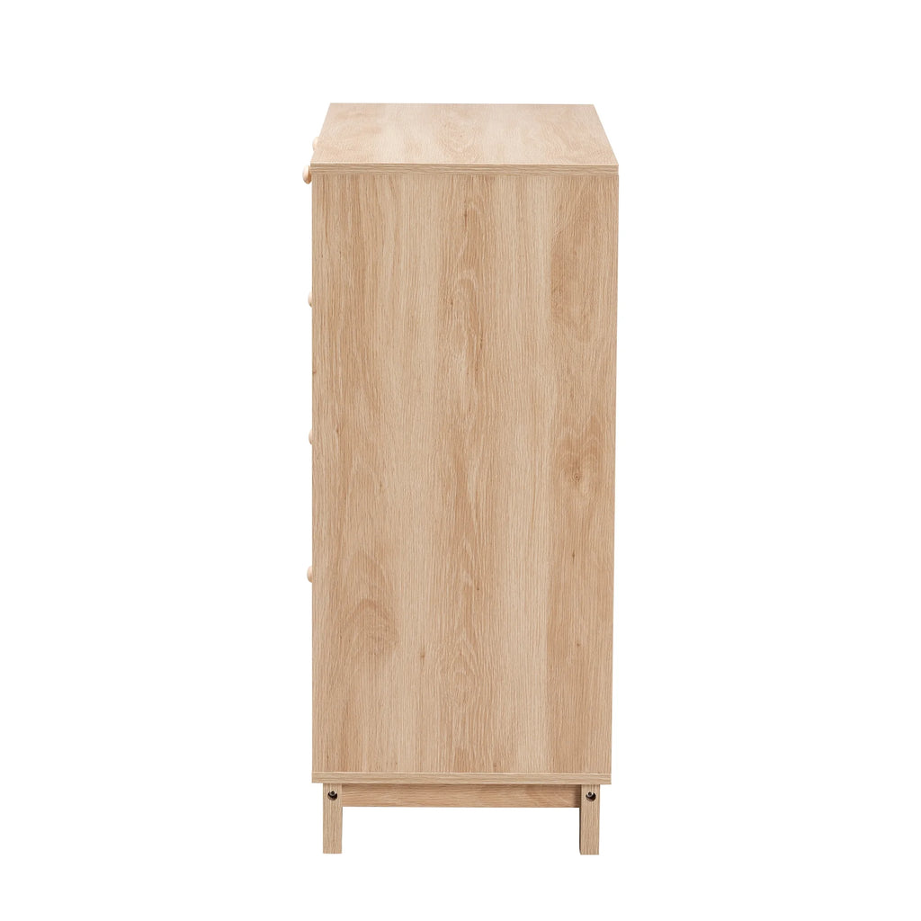 Oak Brown Wood and Natural Rattan 5-Drawer Storage Cabinet W622648