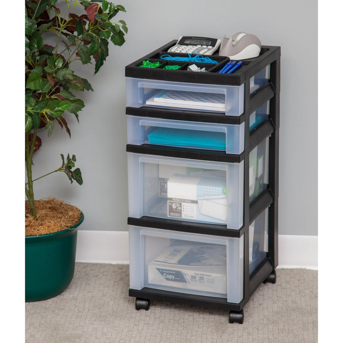 Black 4 Drawer Medium Plastic Storage Cart E406