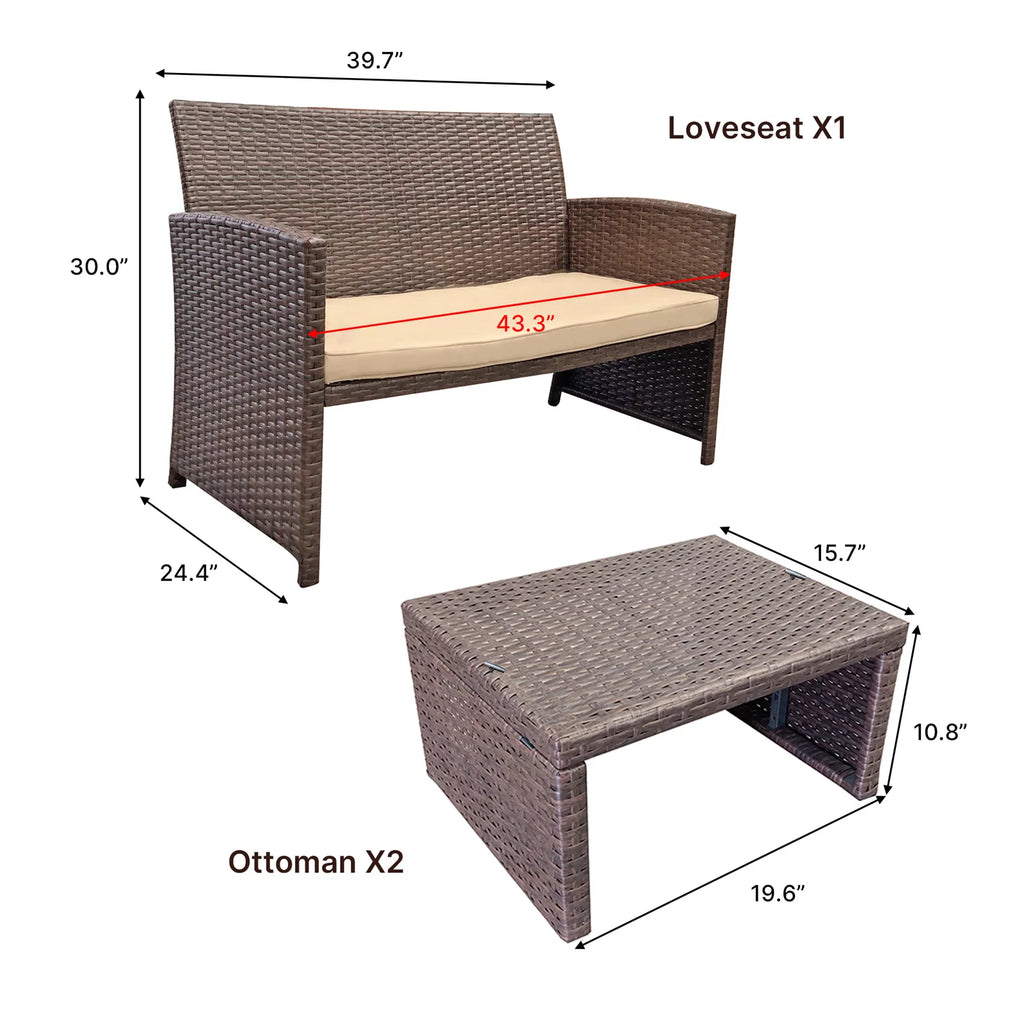 3 Piece Brown Rattan Outdoor Loveseat with Ottoman and Side Table S370