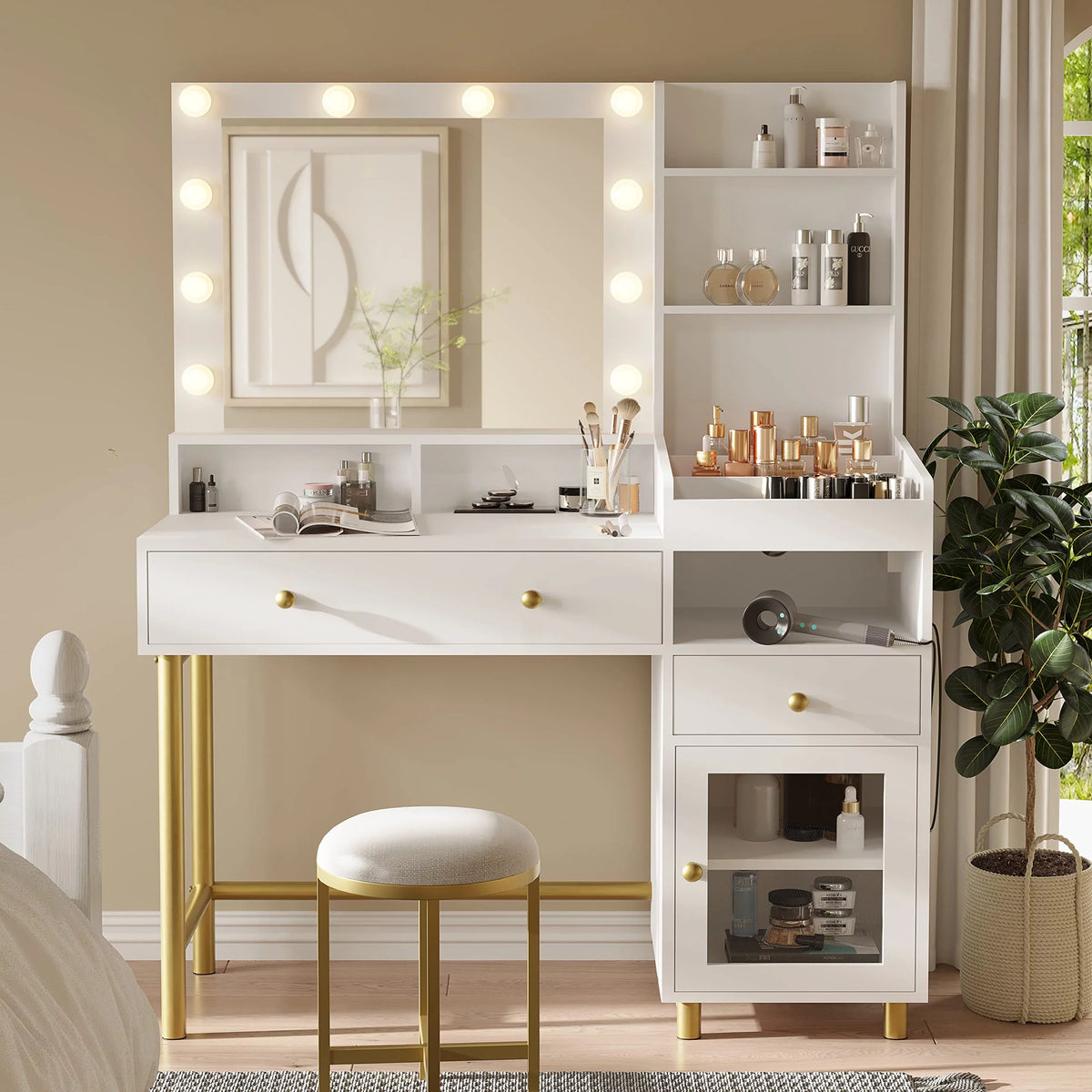 White Vanity Desk with Lights and Charging Station D437711