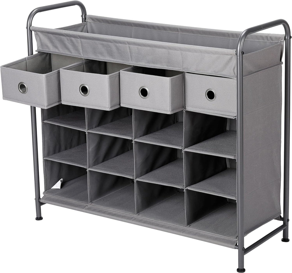 Grey 16 Cubby Shoe Rack Organizer with 4 Drawers K422