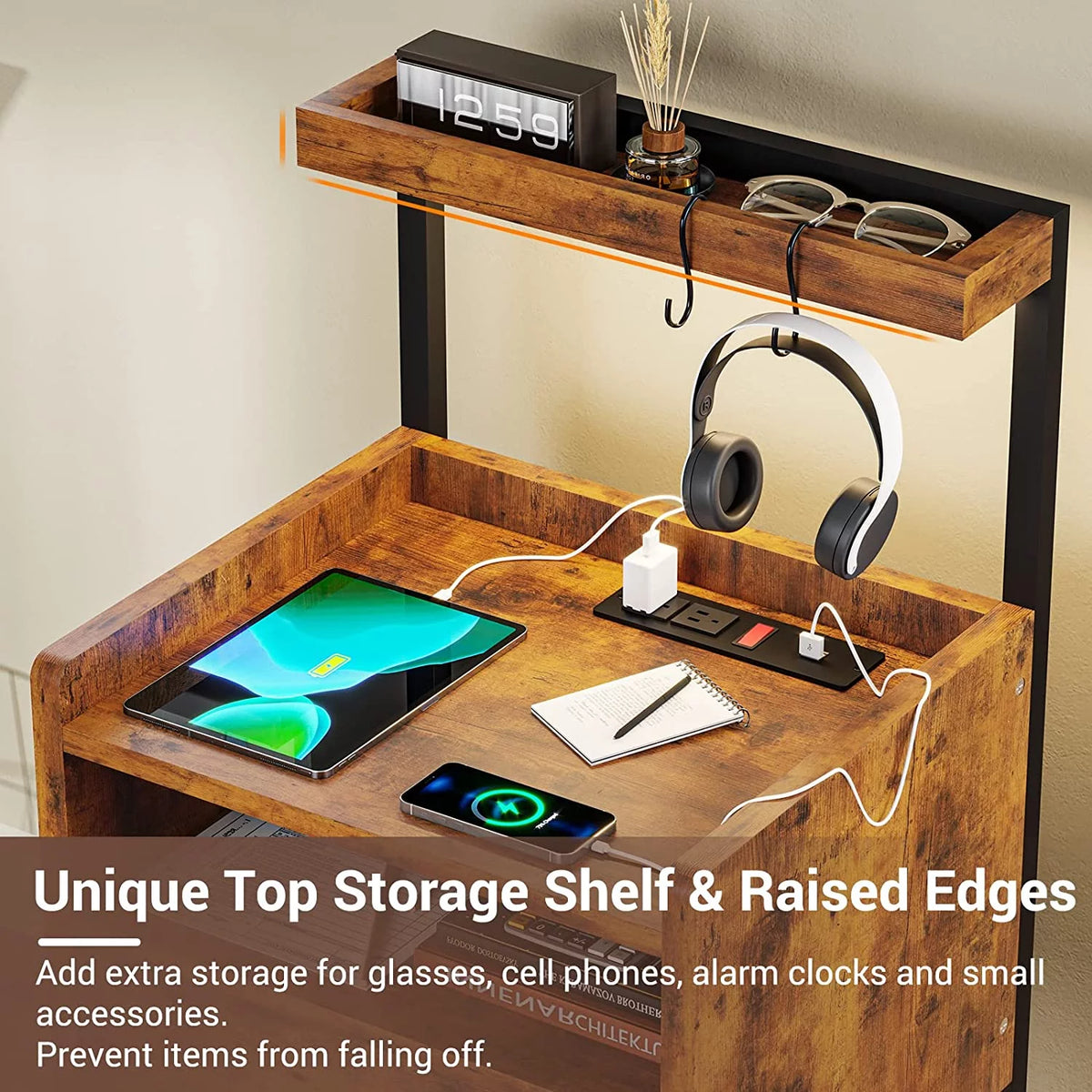LED Nightstand Set of 2 with Charging Station and USB Ports, Rustic Brown Z793