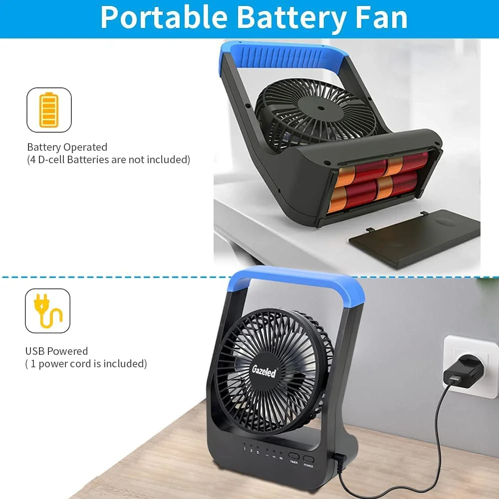 Battery Operated Portable Desk Fan with Timer, 3 Speeds, Blue C79435