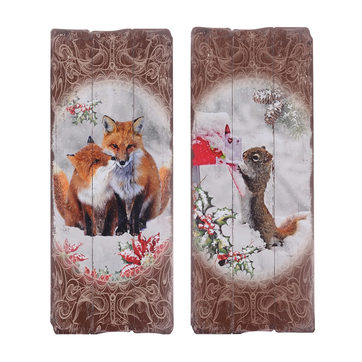 Winter Fox and Squirrel Plaques 23.5" Brown and Orange 2ct H796699