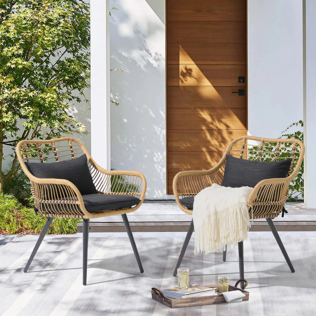 Black Wicker Patio Dining Chairs Set of 2 with Cushions W46314