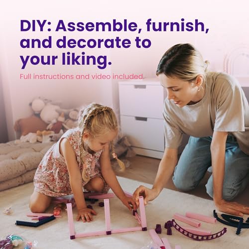 Pink and Purple Dollhouse with 4 Princesses, 4 Unicorns, Dog, Furniture and Accessories B56189