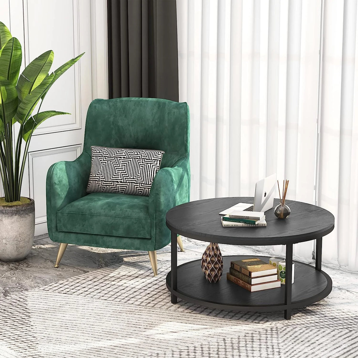 Round Black Coffee Table with Storage Open Shelf B89031