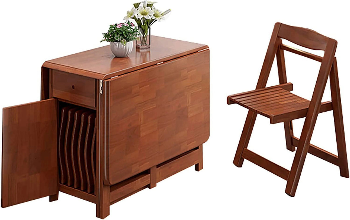 Solid Wood Drop Leaf Dining Table Set 5 Pieces with Wheels and Drawer A99712