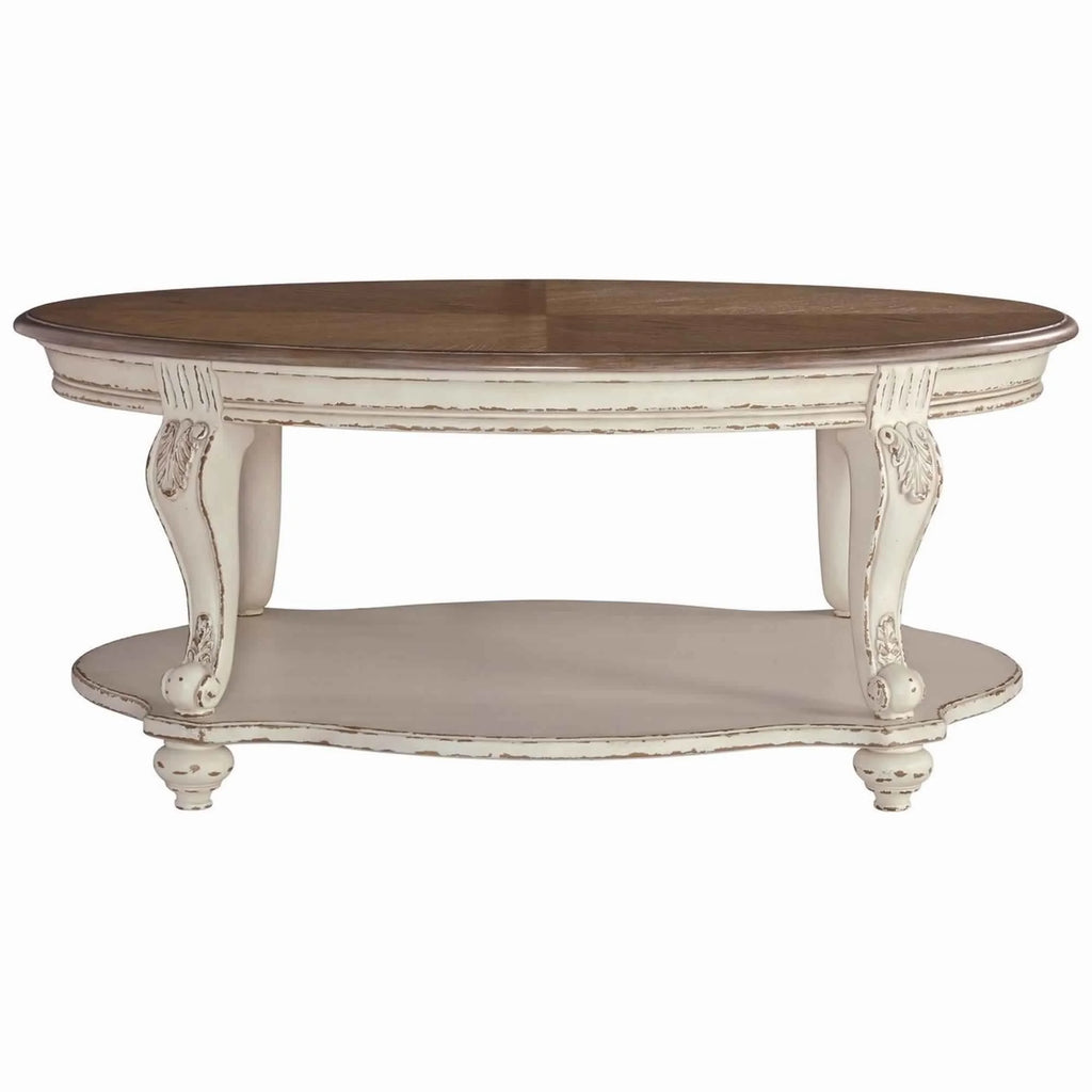 Antique White and Brown Two Tone Oval Cocktail Table with Bottom Shelf P8008