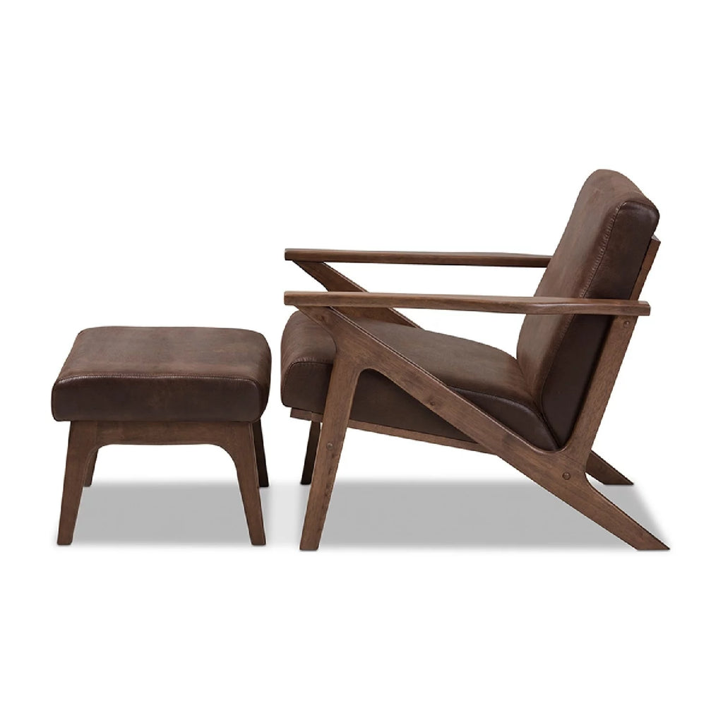 Walnut Wood Dark Brown Faux Leather Lounge Chair And Ottoman Set B23055