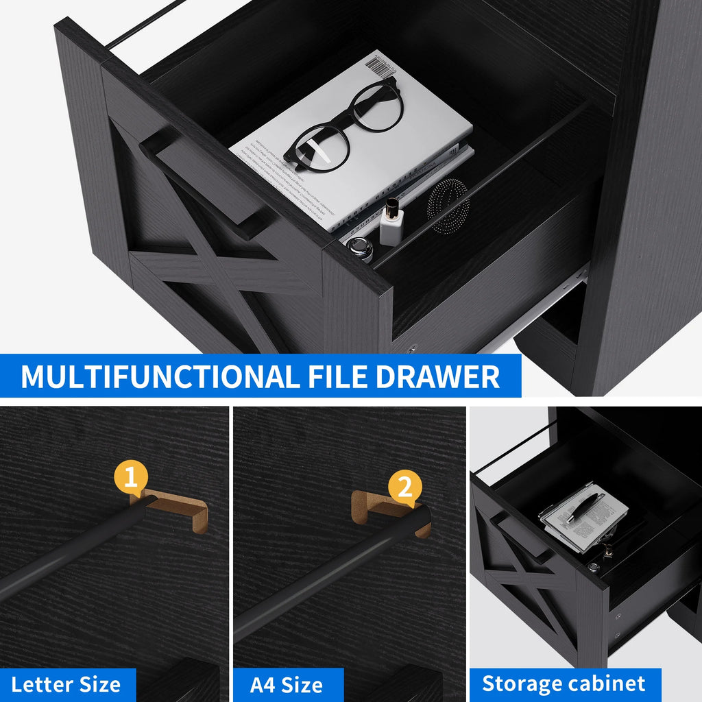 59 Inch Black L-Shaped Desk with Power Outlet and Drawers L78216