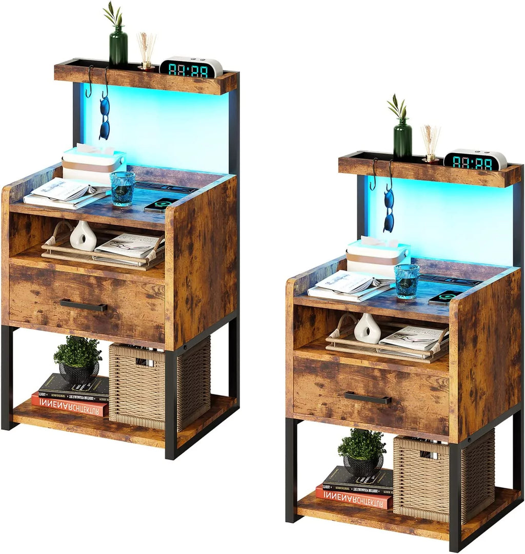 LED Nightstand Set of 2 with Charging Station and USB Ports, Rustic Brown Z793