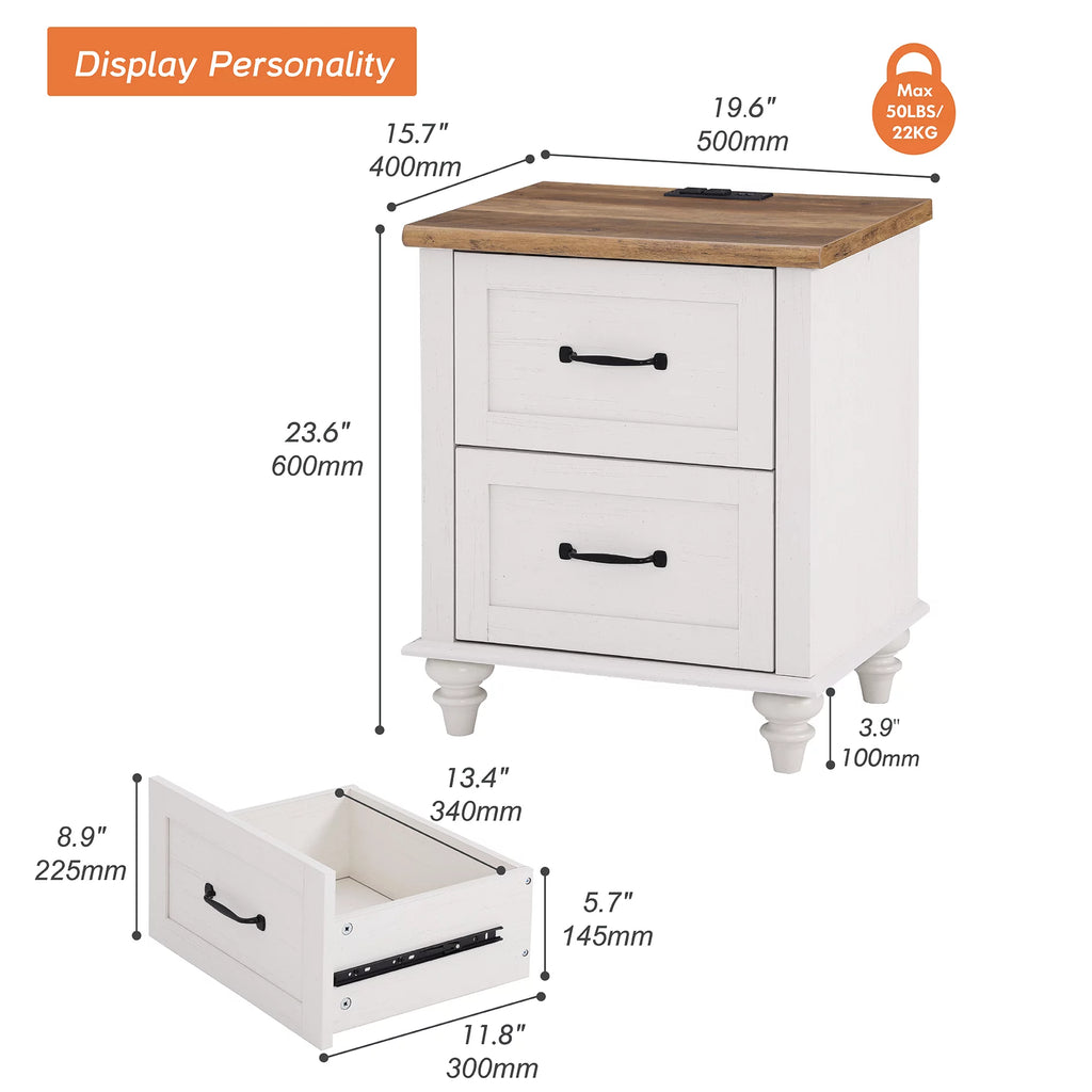 White Oak Set of 2 Wooden Nightstand with 2 Drawers Z9173