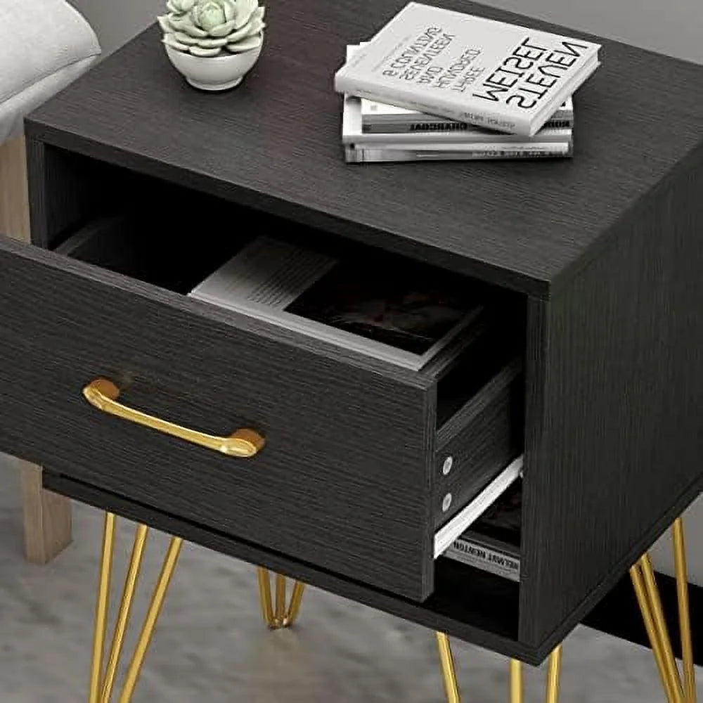 Black Nightstand Set of 2 Wooden End Table with Drawer I732