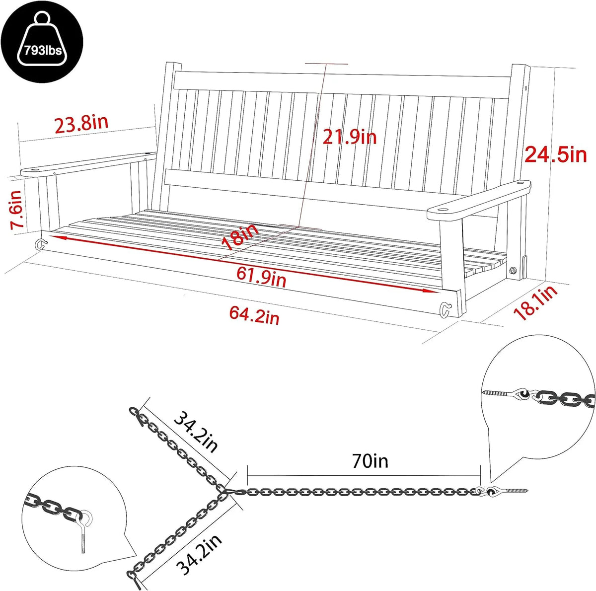 Wooden Porch Swing 5FT with Chains H9308