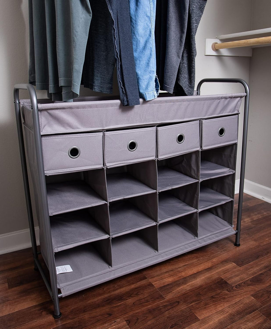 Grey 16 Cubby Shoe Rack Organizer with 4 Drawers K422