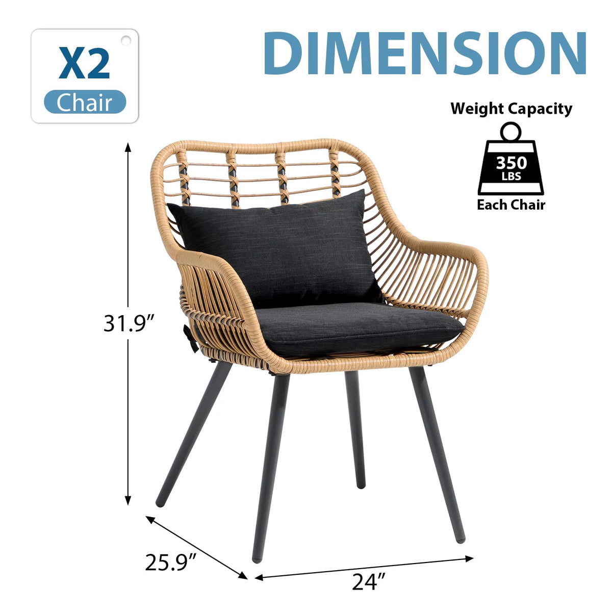 Black Wicker Patio Dining Chairs Set of 2 with Cushions W46314