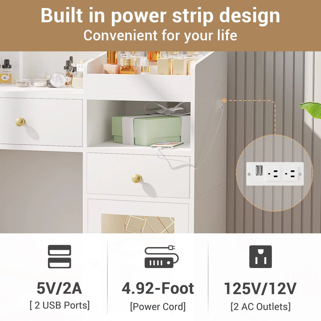 White Vanity Desk with Lights and Charging Station D437711