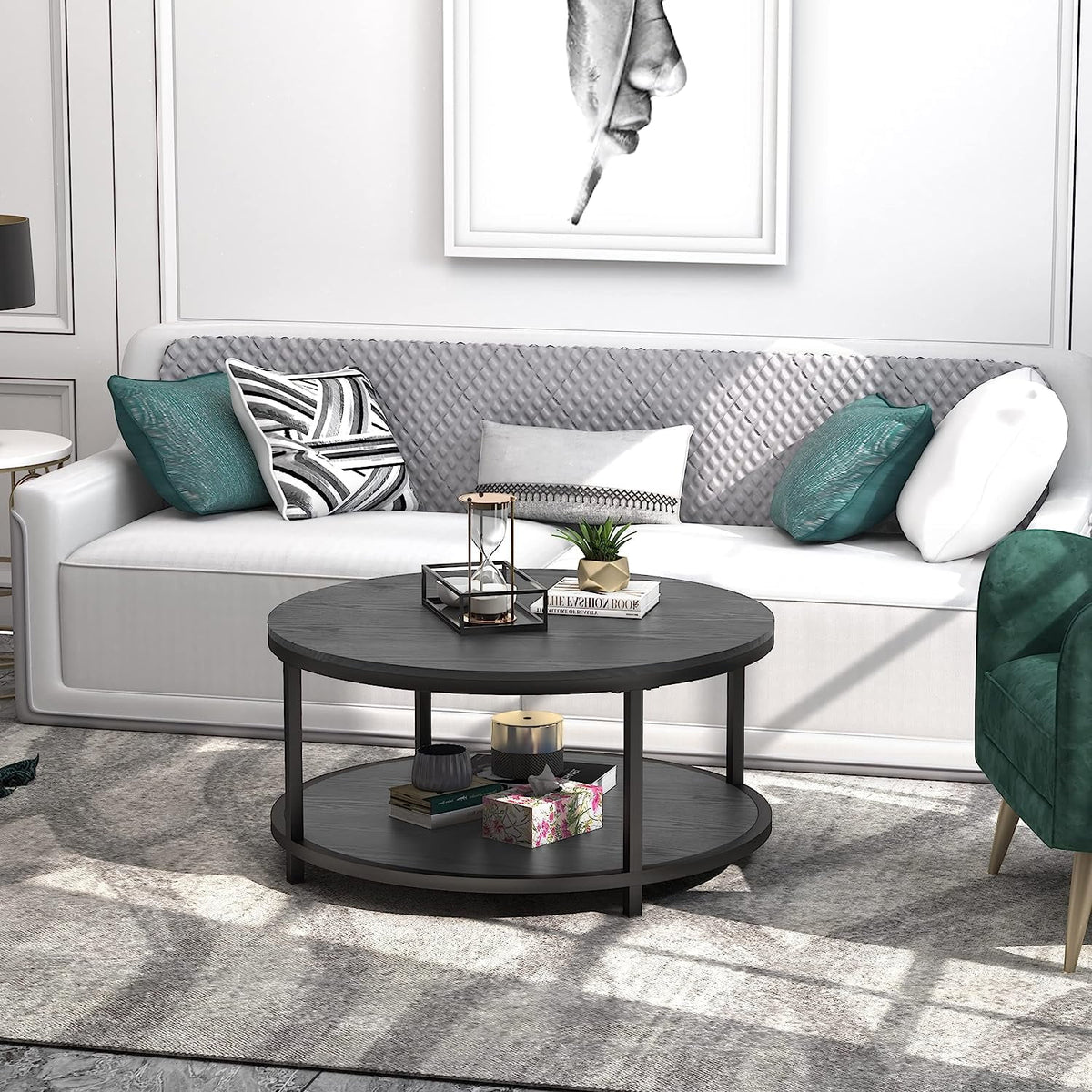 Round Black Coffee Table with Storage Open Shelf B89031