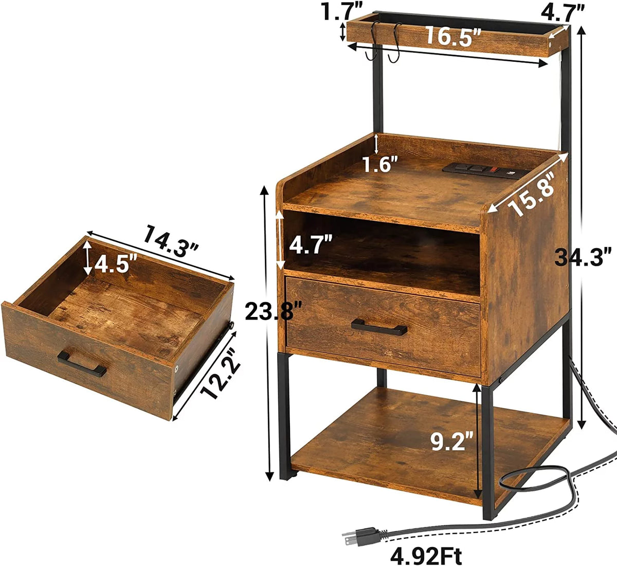 LED Nightstand Set of 2 with Charging Station and USB Ports, Rustic Brown Z793