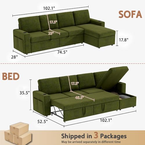 103" L-Shaped Sleeper Sofa Bed with Storage Chaise Y422190