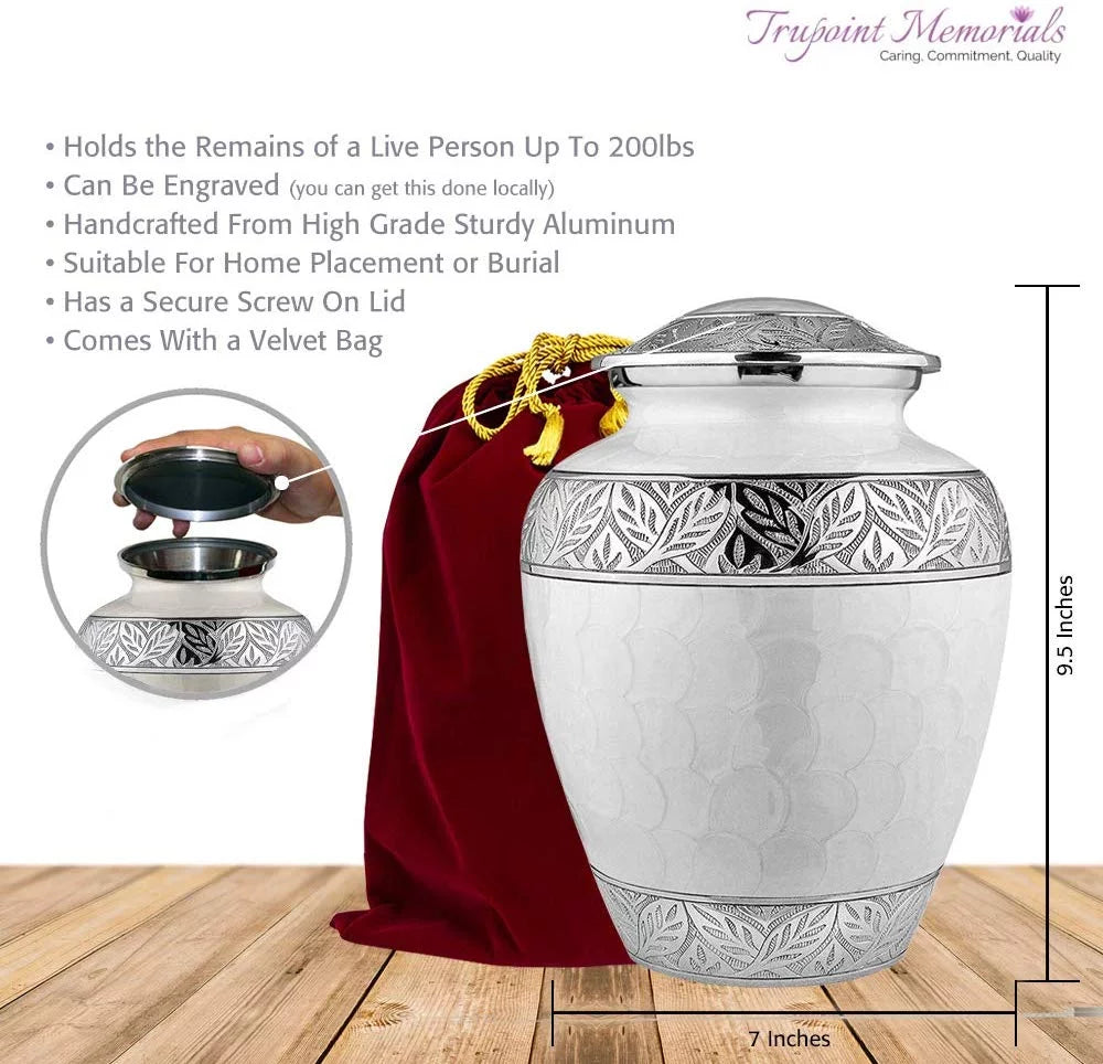 White Large Adult Urns for Cremation Ashes with Velvet Bag F938