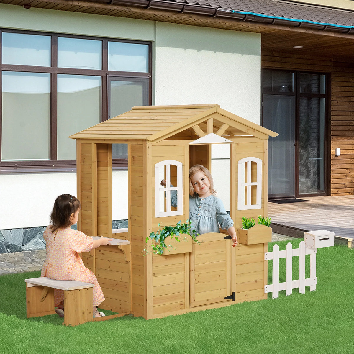 Wooden Outdoor Playhouse with Doors Windows & Mailbox L114576