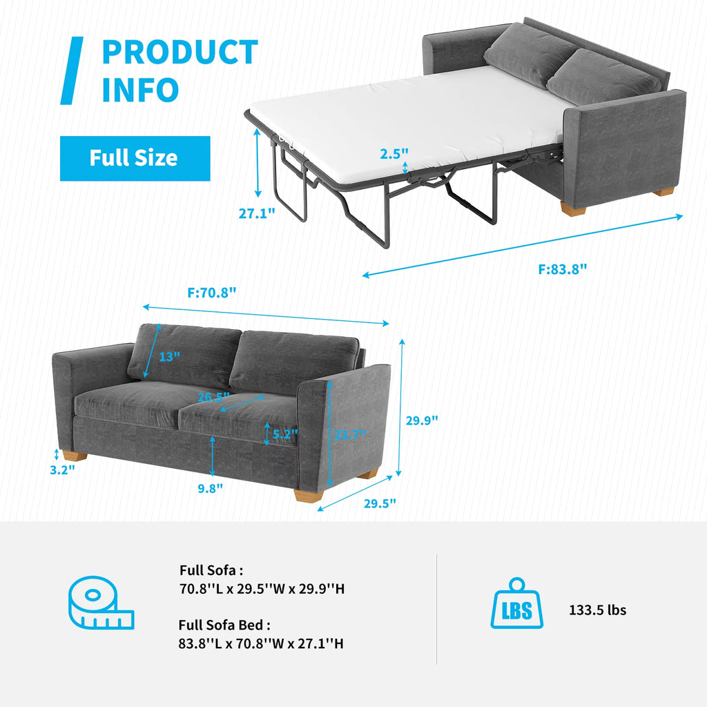 Grey Full Pull Out Sofa Bed with Memory Foam Mattress D400528