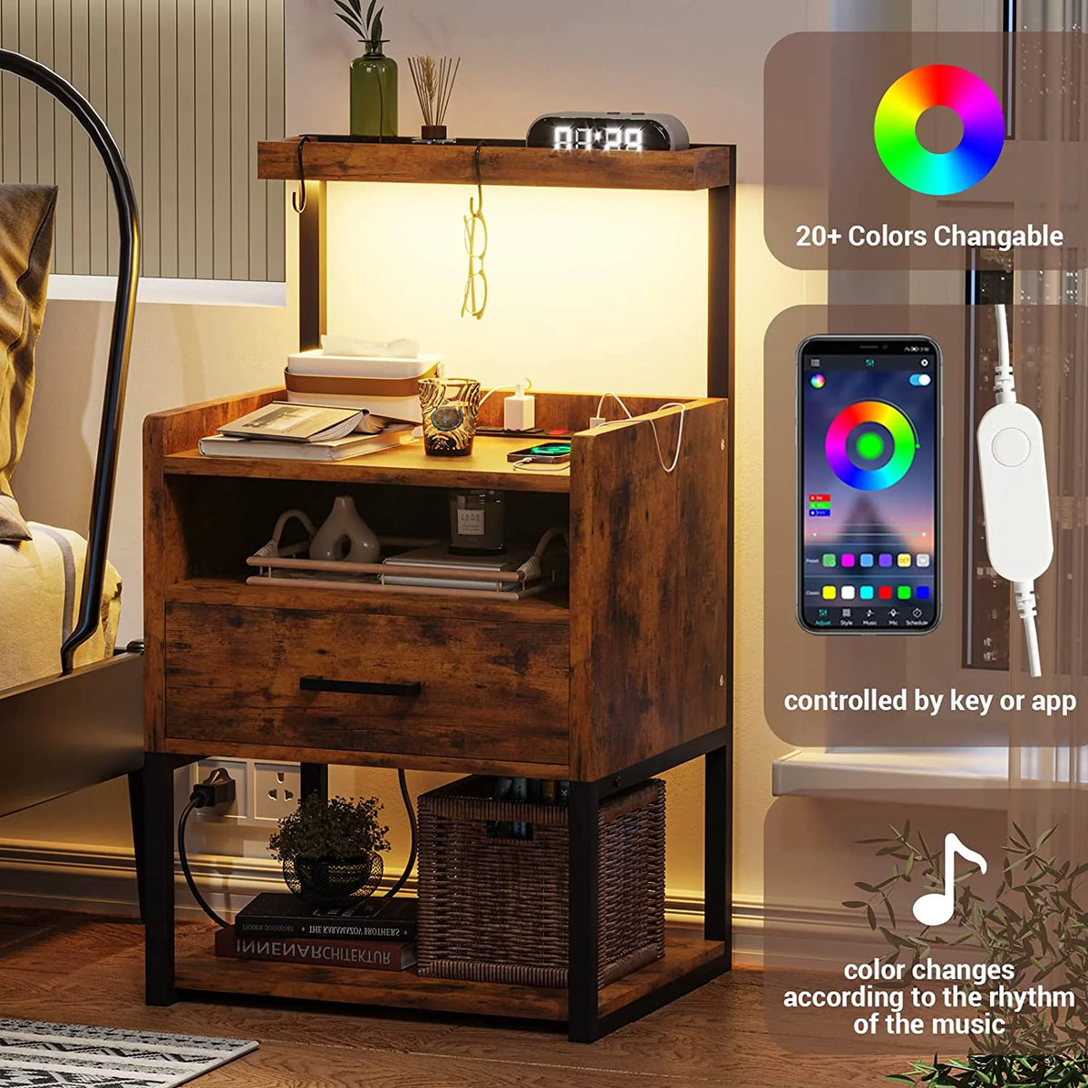 LED Nightstand Set of 2 with Charging Station and USB Ports, Rustic Brown Z793