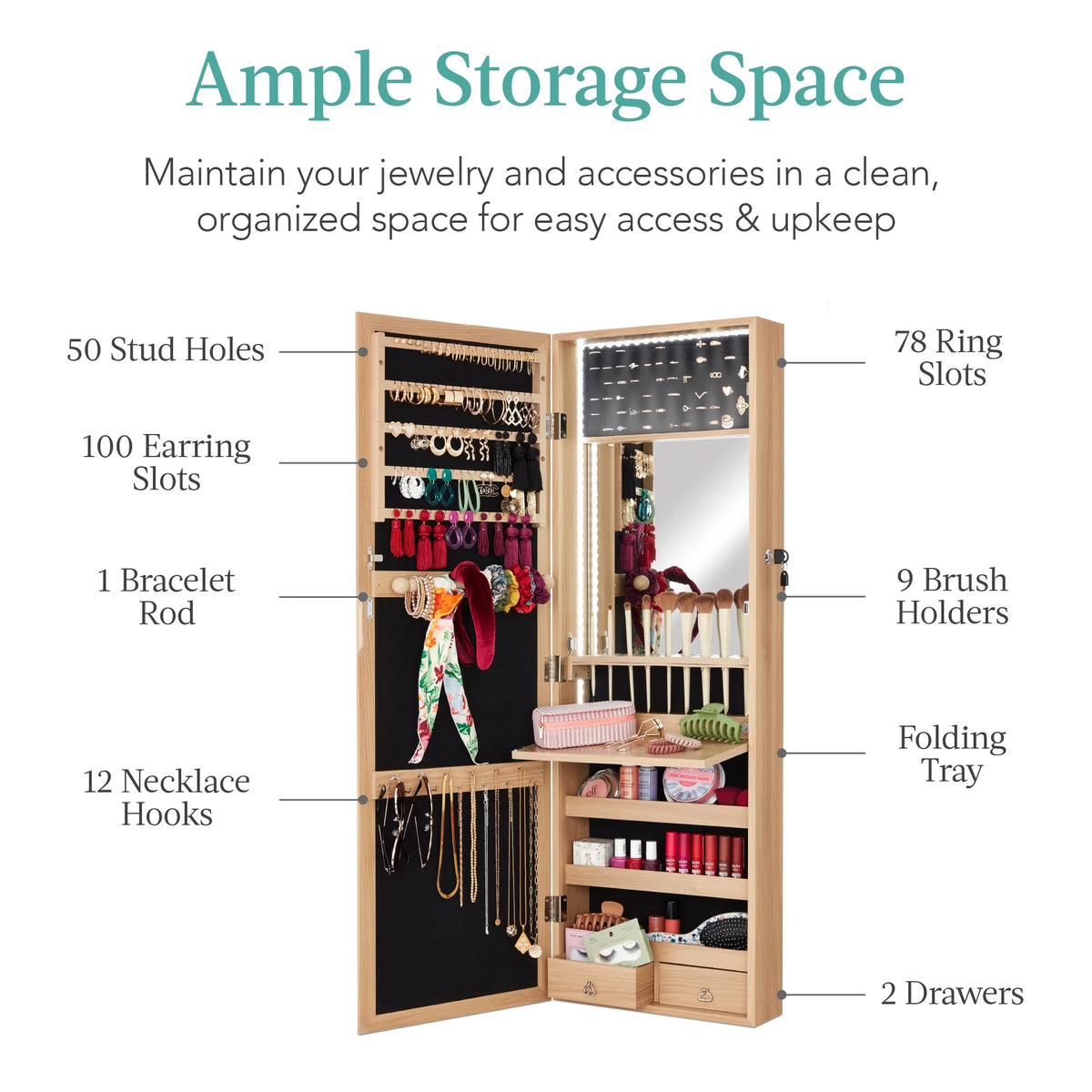 Hanging Mirror Jewelry Armoire with LED Lights T34854