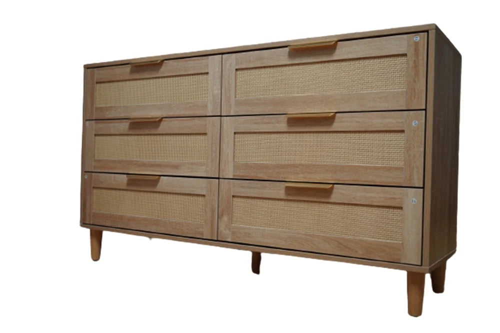 Modern 6 Drawer Rattan Dresser with Gold Handles A978436