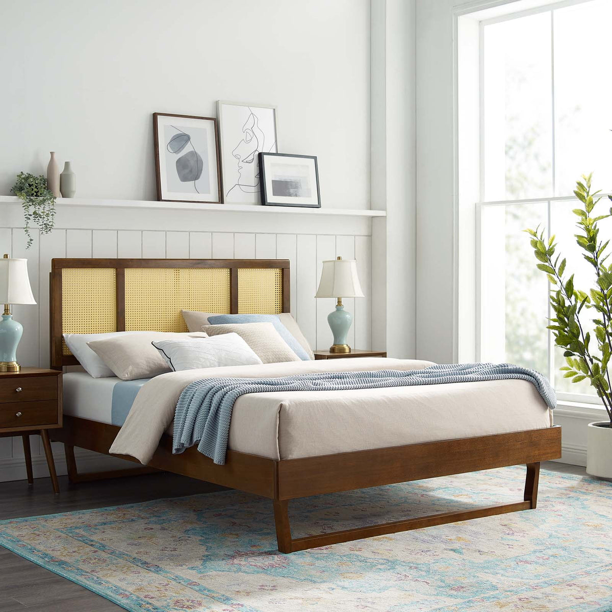 Walnut Cane and Wood King Platform Bed N69831