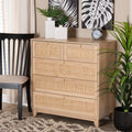 Oak Brown Wood and Natural Rattan 5-Drawer Storage Cabinet W622648