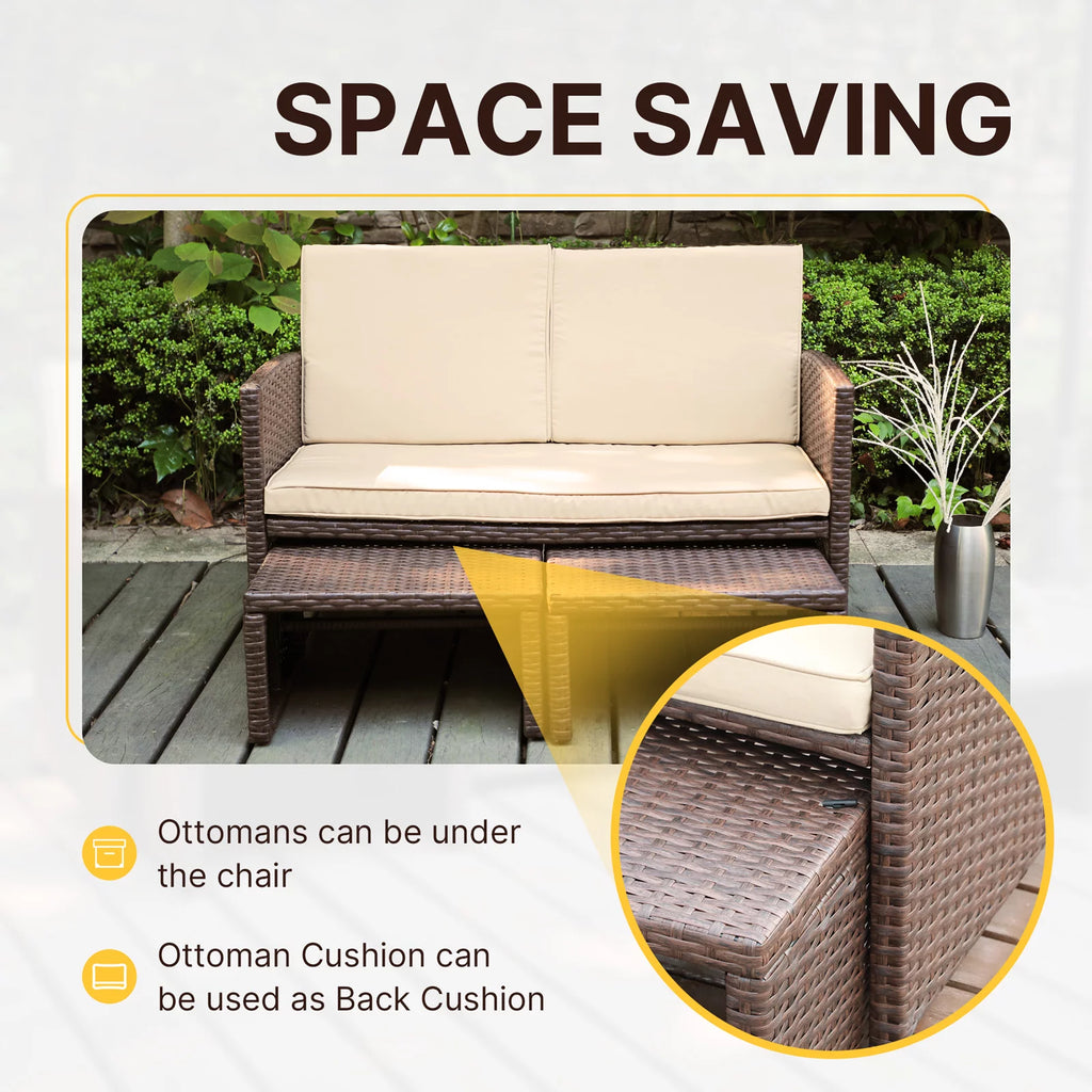 3 Piece Brown Rattan Outdoor Loveseat with Ottoman and Side Table S370
